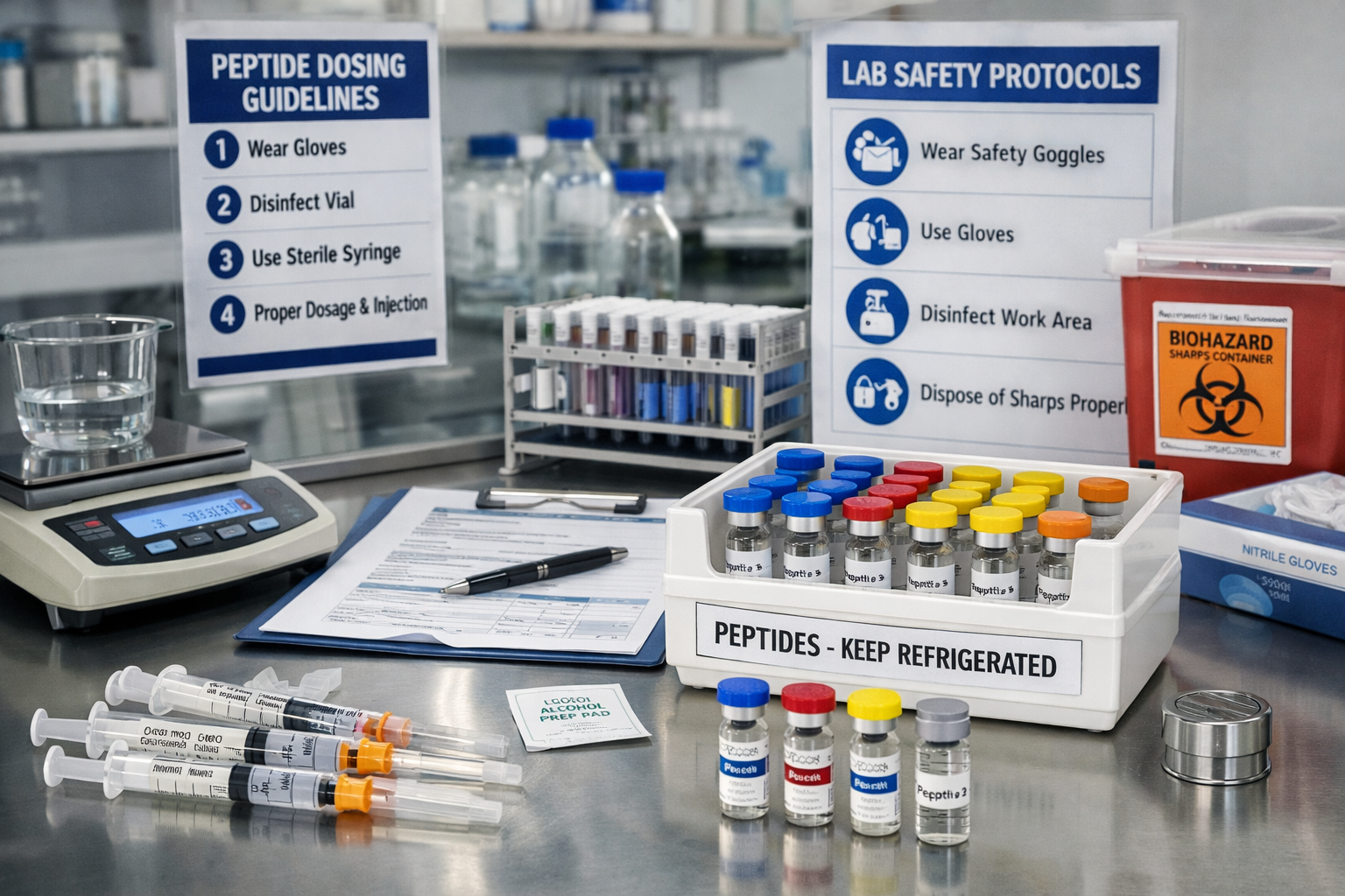 Research laboratory scene showing peptide vials, dosing syringes, measurement equipment, and safety protocols. Professional scientific setti