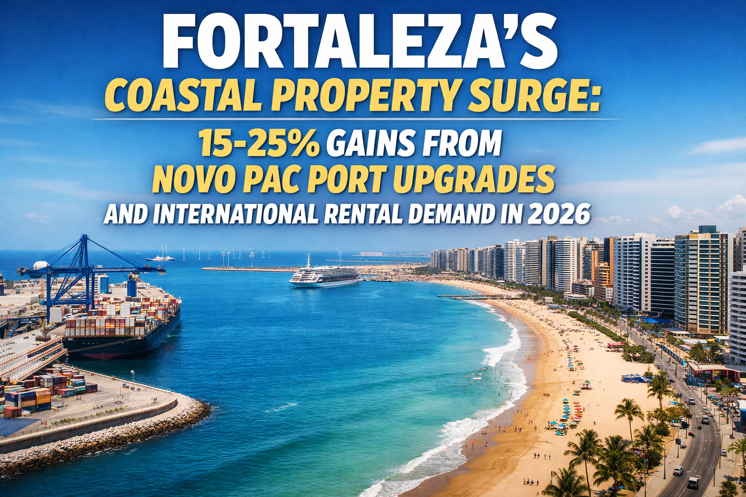 Professional landscape hero image (1536x1024) with bold text overlay: "Fortaleza's Coastal Property Surge: 15-25% Gains from Novo PAC Port U