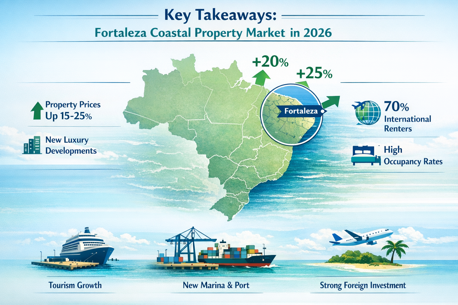 Editorial-style infographic showcasing 'Key Takeaways' for Fortaleza's coastal property market in 2026, featuring a central Brazilian map wi