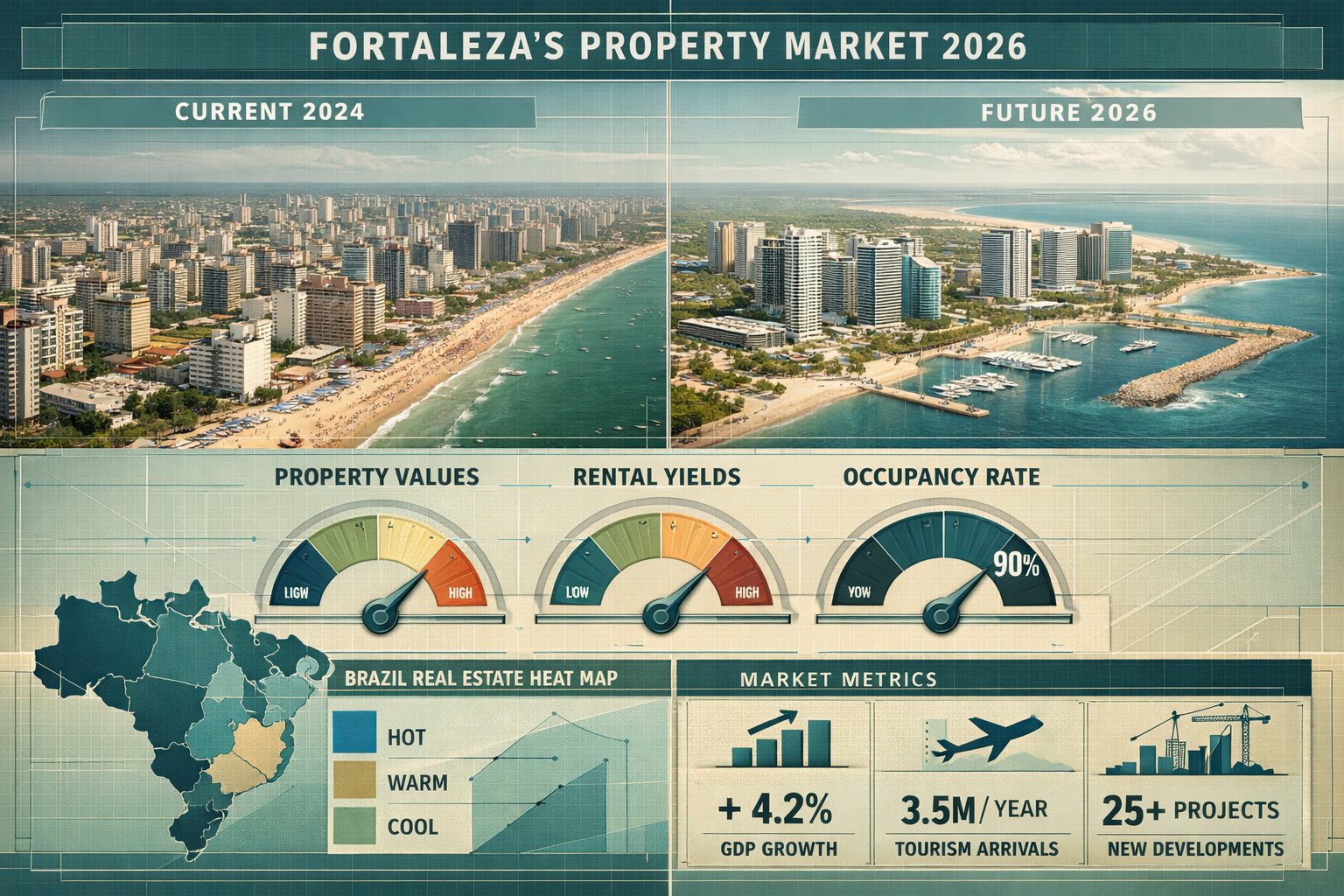 Comprehensive market fundamentals visualization depicting Fortaleza's property landscape in 2026, split-screen design showing current urban