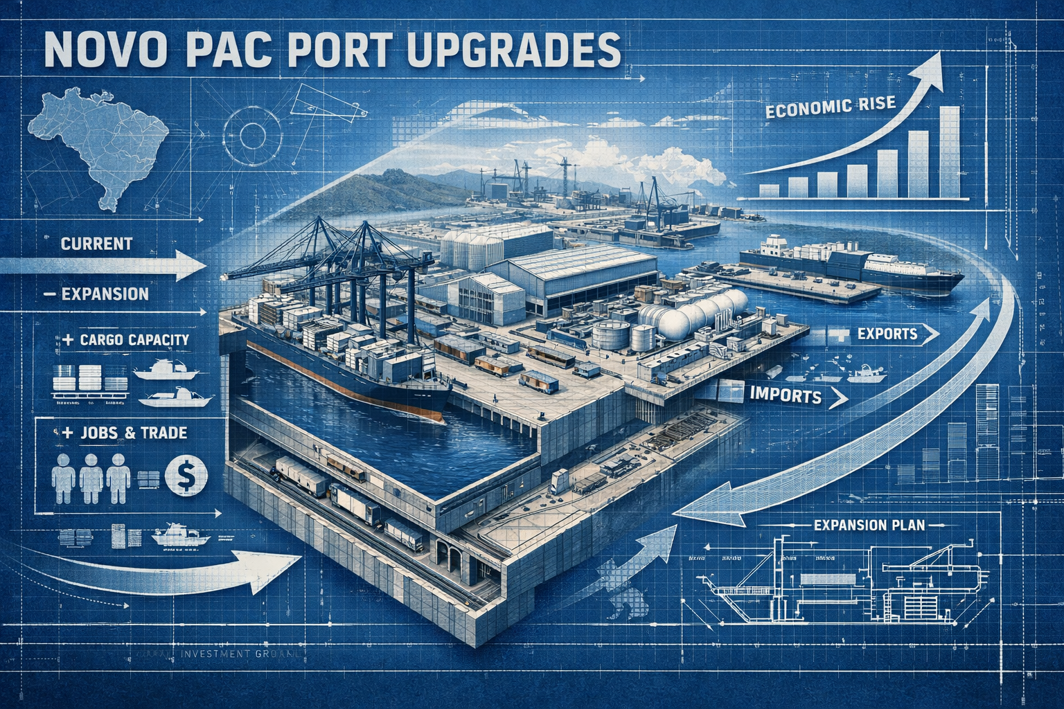 Dynamic port infrastructure transformation illustration for Novo PAC Port Upgrades, featuring architectural cutaway showing port expansion p