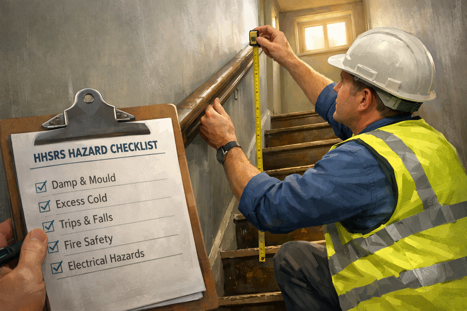 () editorial illustration showing a professional chartered surveyor in a hard hat and hi-vis vest inspecting a narrow UK