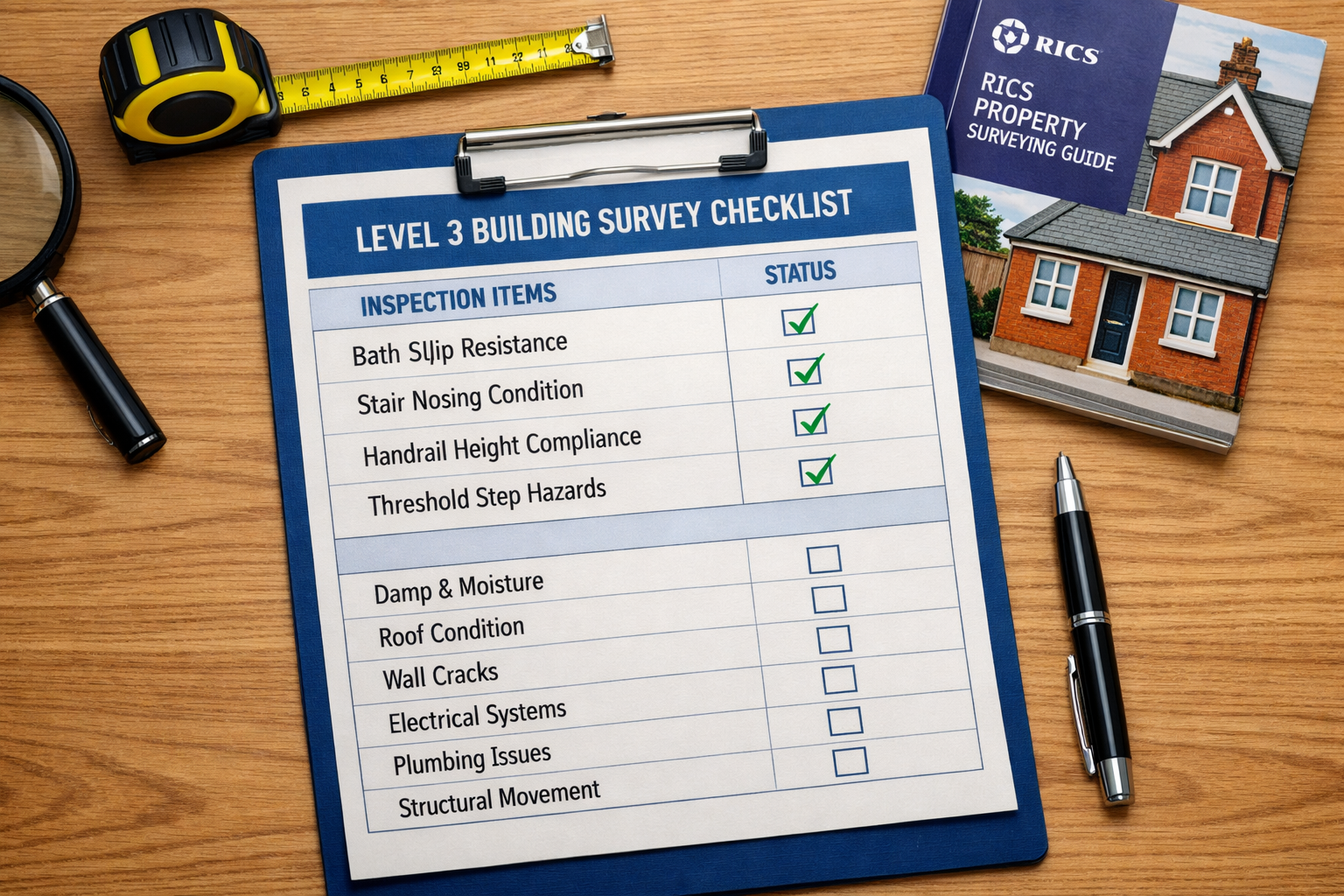 () flat-lay infographic style image showing a detailed Level 3 building survey checklist spread on a wooden desk, with items