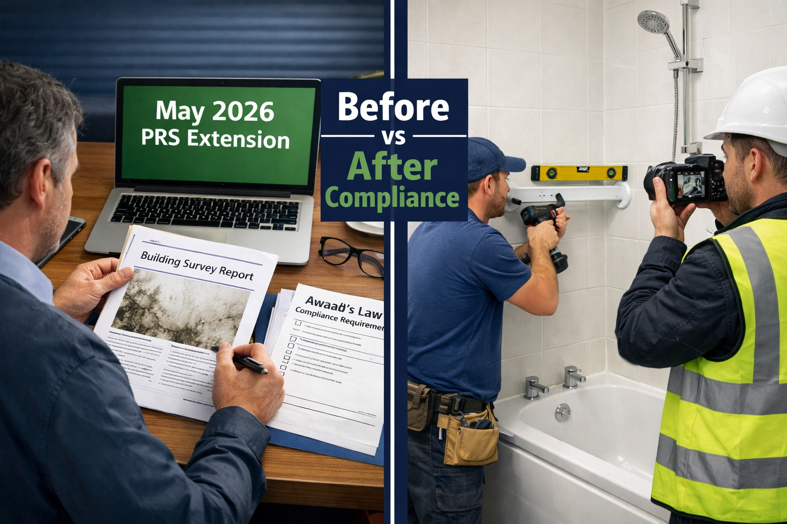 () split-scene editorial image: left side shows a landlord reviewing a building survey report at a desk with Awaab's Law