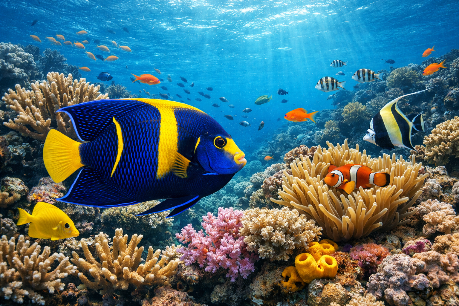 Detailed landscape format (1536x1024) image showing majestic angelfish natural habitat with coral reef ecosystem, featuring adult majestic a