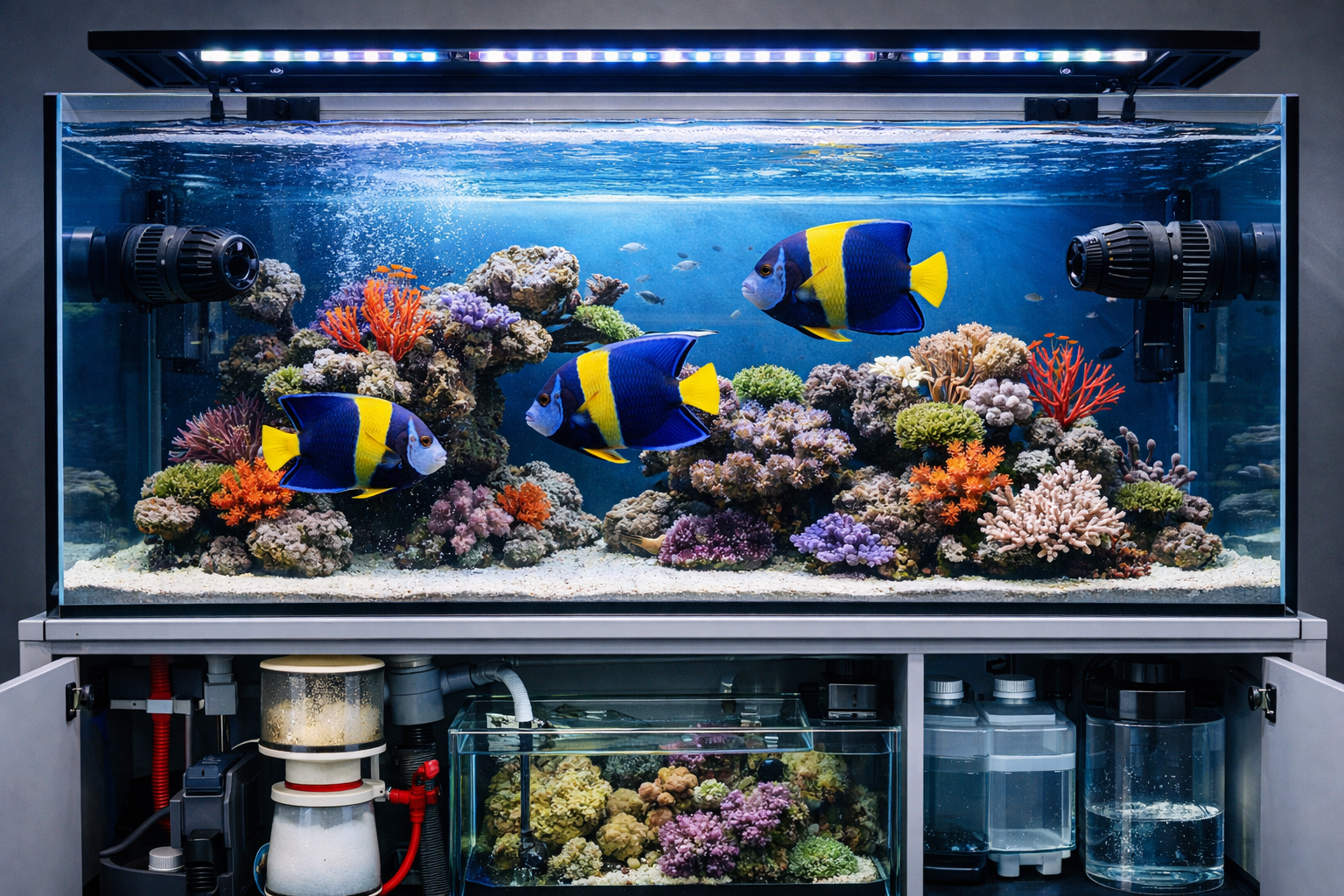 Professional landscape format (1536x1024) aquarium setup image showing ideal majestic angelfish tank environment with proper filtration syst