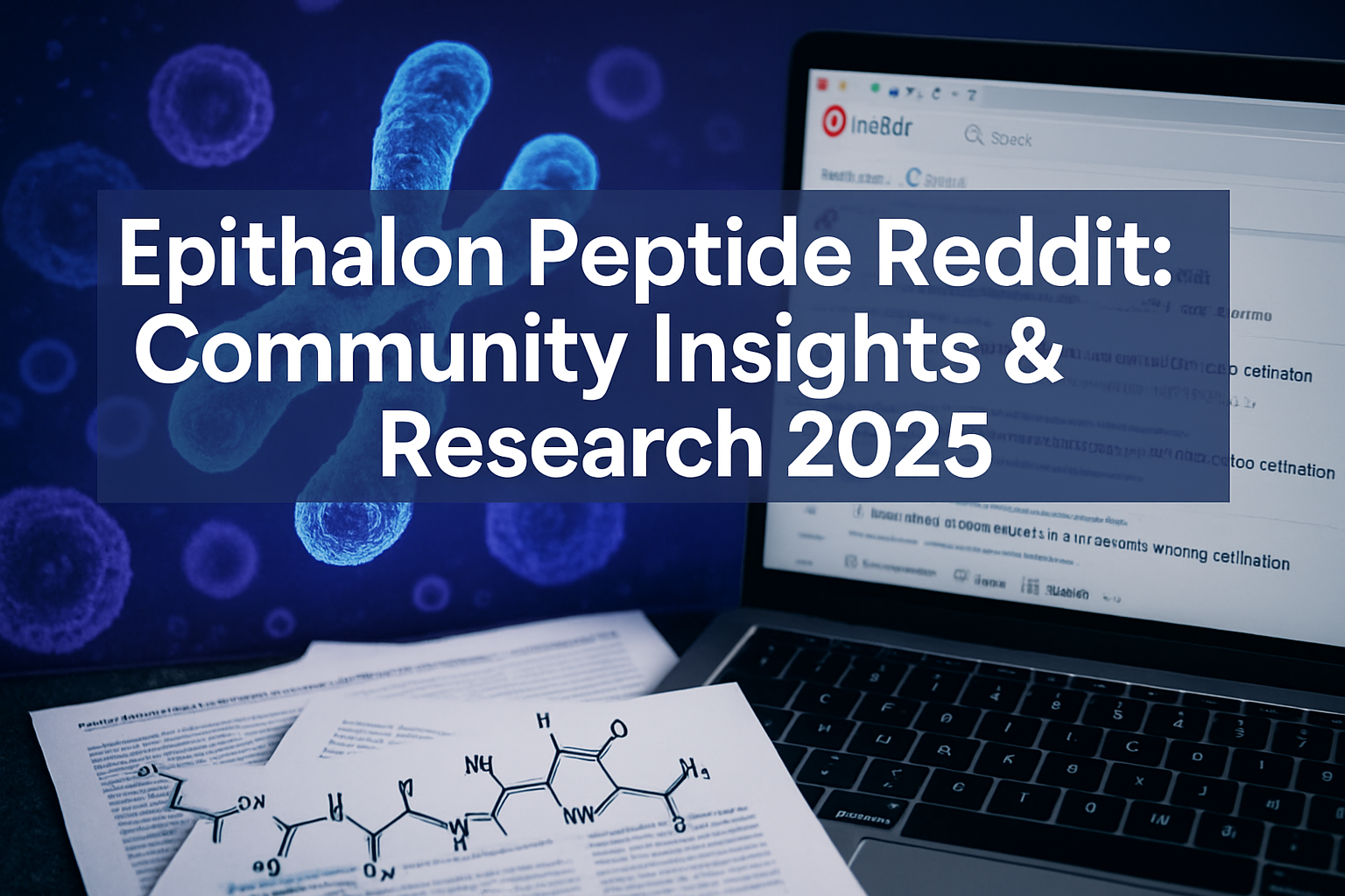 Professional landscape hero image (1536x1024) featuring bold text overlay 'Epithalon Peptide Reddit: Community Insights & Research 2025' in 
