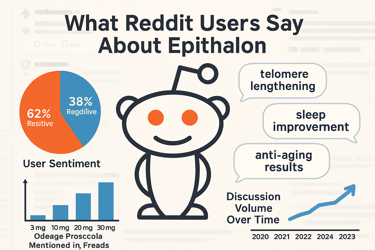 Detailed landscape infographic (1536x1024) showing Reddit community discussion statistics and Epithalon peptide user experiences. Central vi