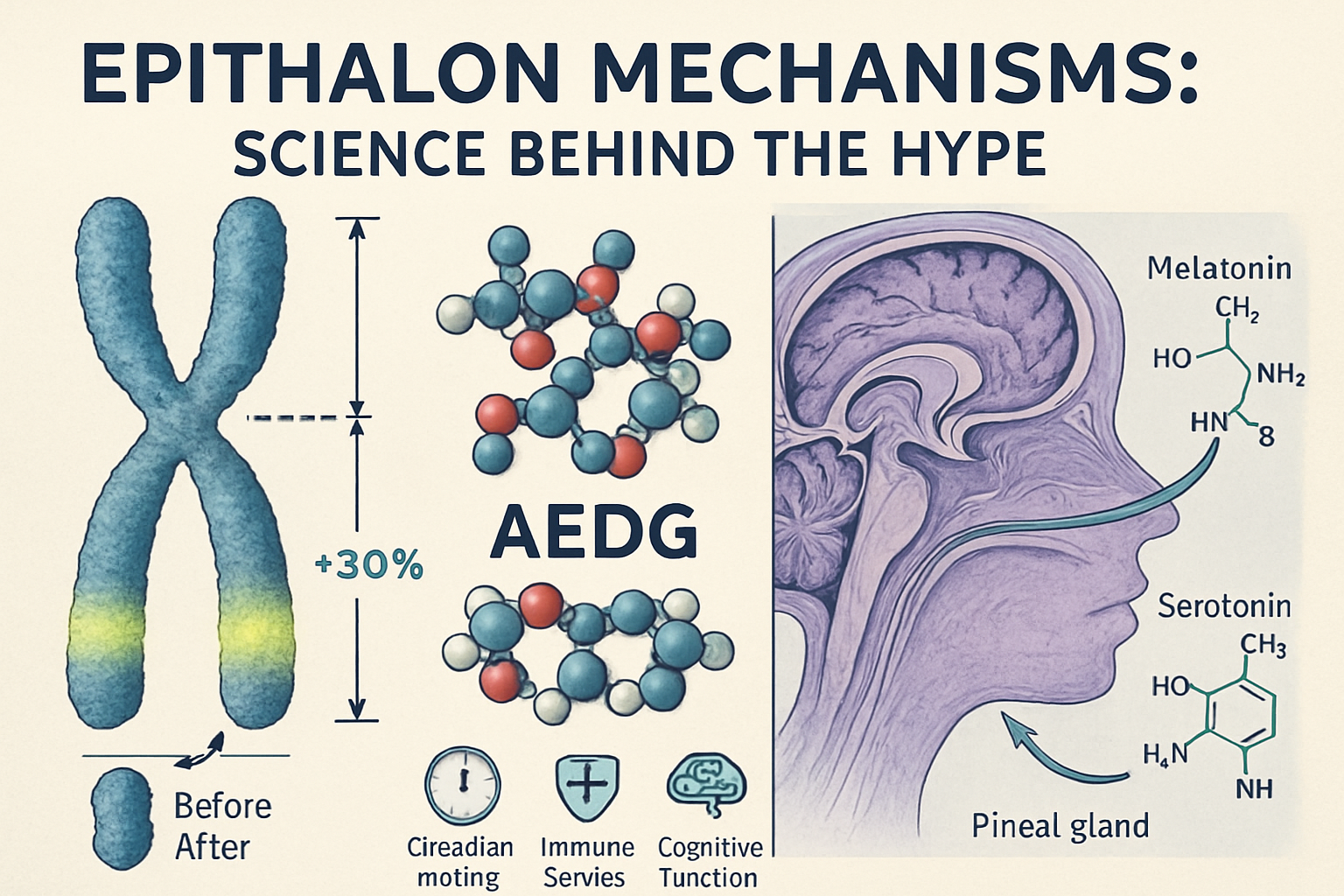 Detailed landscape scientific illustration (1536x1024) depicting Epithalon's biological mechanisms based on research discussed in Reddit com