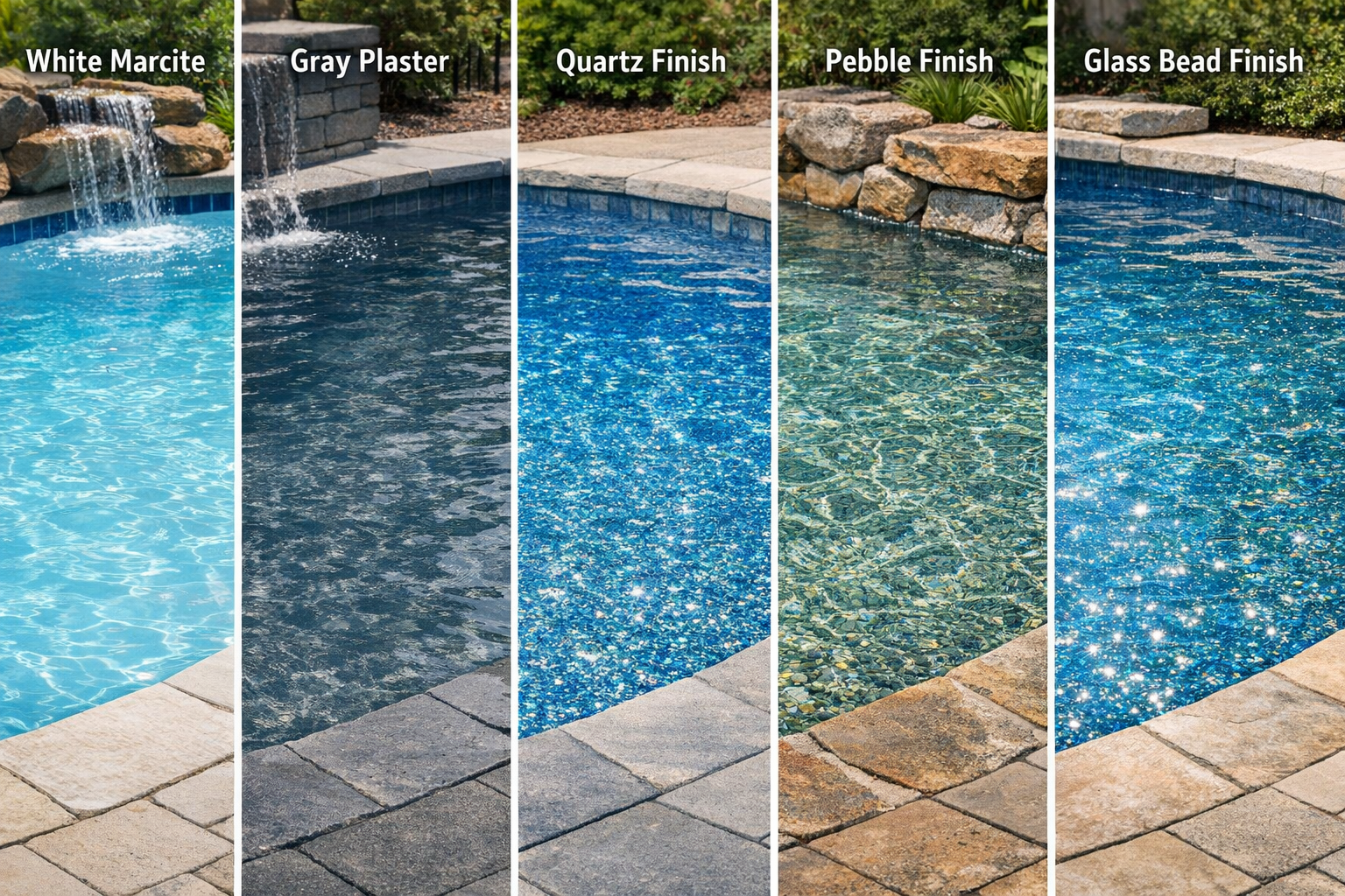 Detailed landscape editorial image (1536x1024) showing side-by-side comparison of five different pool plaster finish types in actual pool in