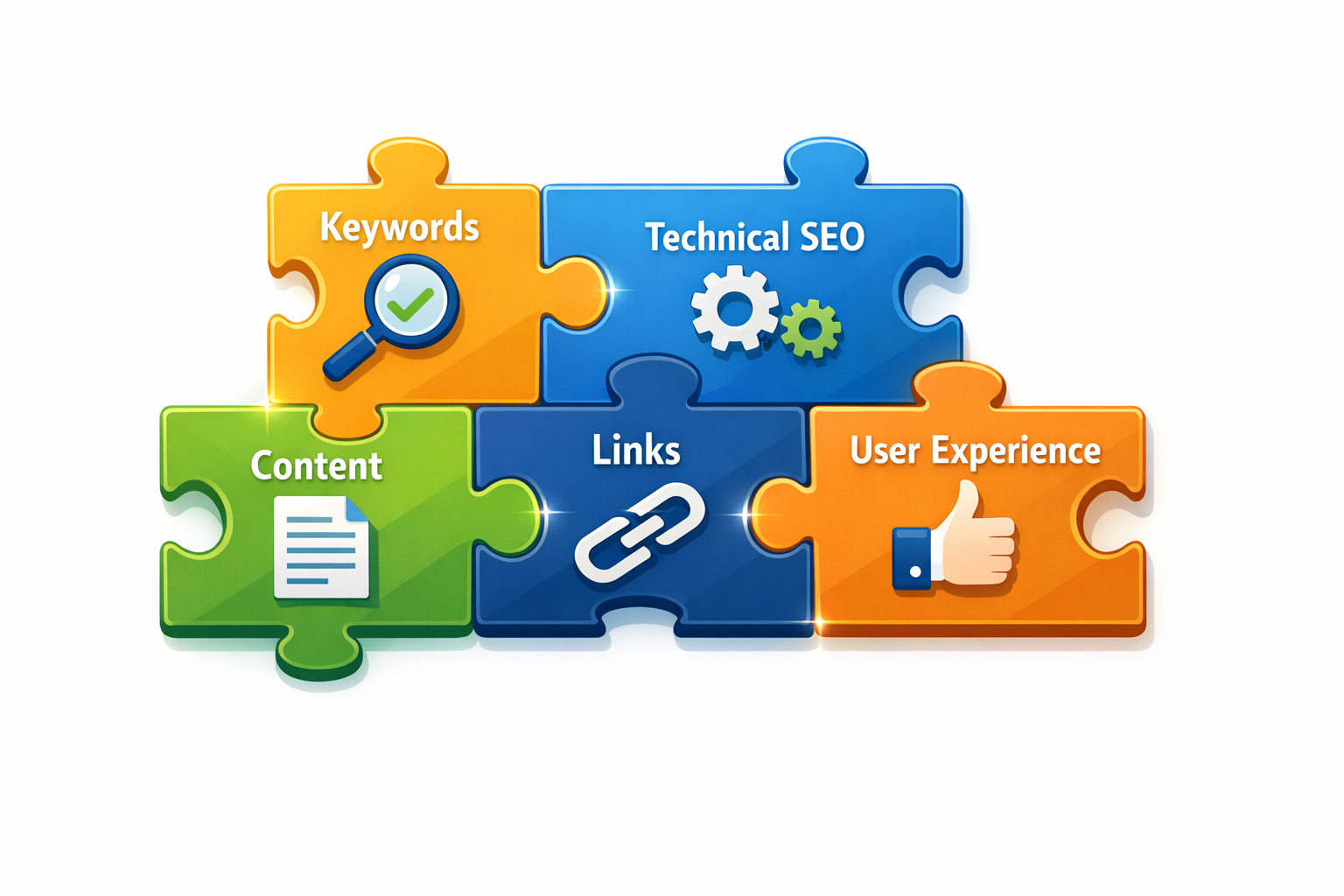 Detailed landscape format (1536x1024) illustration showing the fundamental building blocks of SEO as colorful interconnected puzzle pieces on a clean white background. Each puzzle piece contains icons and labels: 'Keywords' with magnifying glass, 'Content' with document icon, 'Technical SEO' with gear symbols, 'Links' with chain icons, and 'User Experience' with thumbs up. Pieces are connecting together with subtle glow effects, modern flat design style, professional color palette of blues, greens, and oranges. SEO Starter Guide