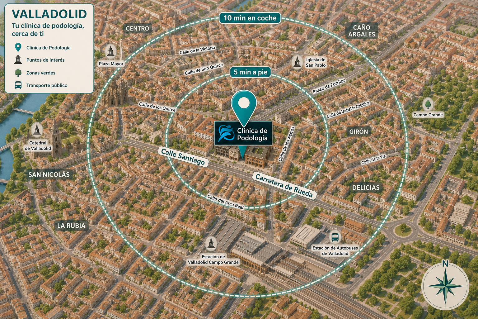 Dónde está exactamente la clínica podológica junto a Calle Santiago en Valladolid