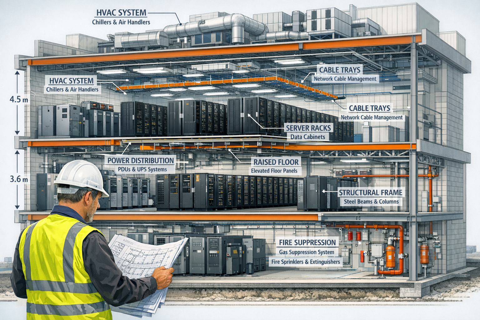 () detailed cutaway architectural illustration of data centre building showing multiple floors with server racks, cooling