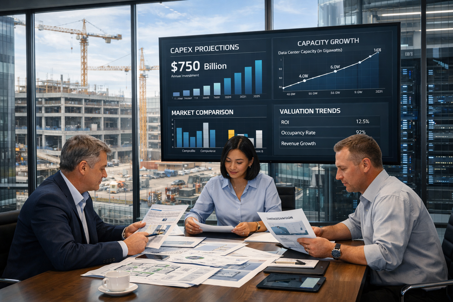 () professional business scene showing property valuation meeting in modern glass-walled conference room overlooking data