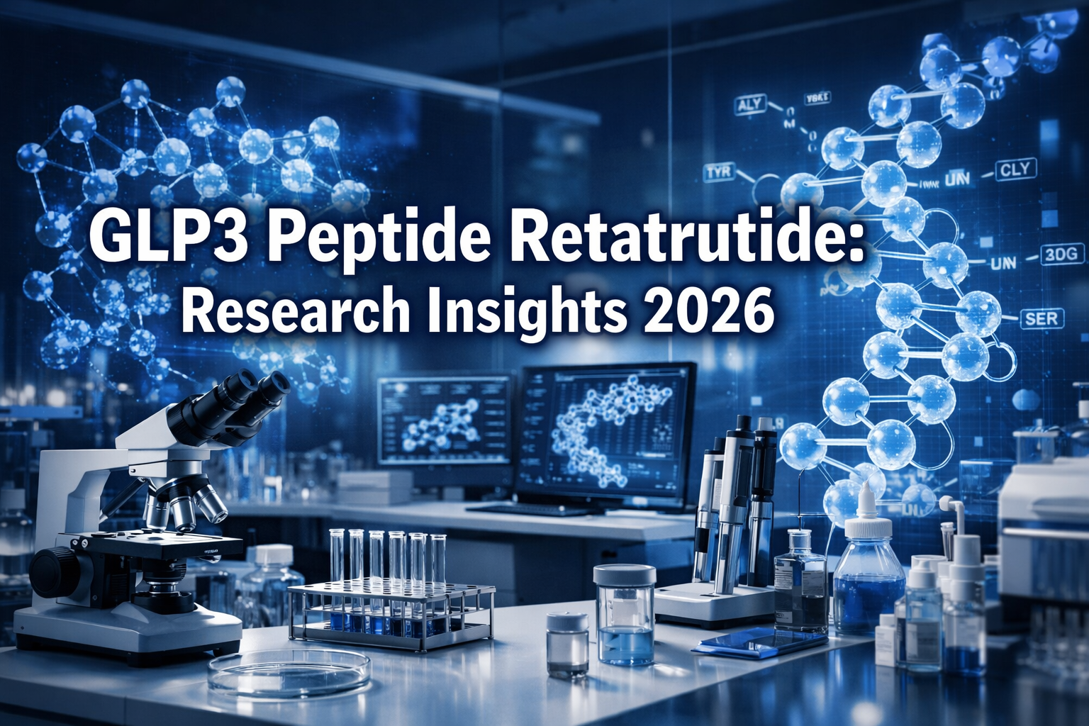 Professional landscape hero image (1536x1024) featuring bold text overlay 'GLP3 Peptide Retatrutide: Research Insights 2026' in extra large 