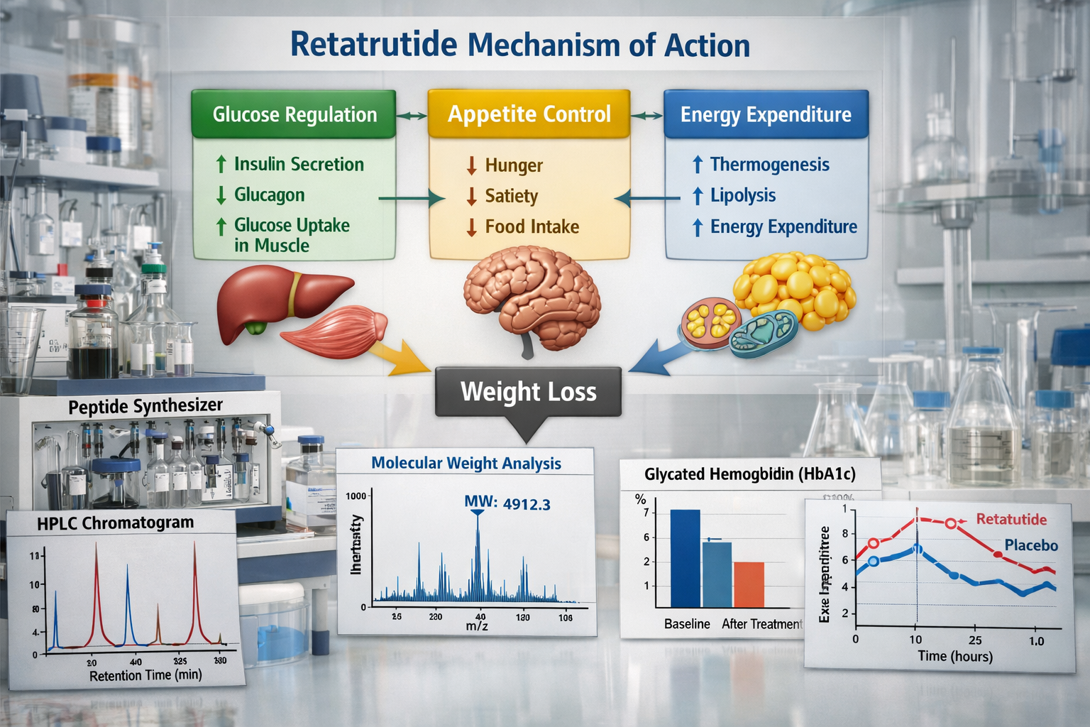 Research data visualization showing metabolic pathway diagrams for retatrutide mechanism of action, flowchart displaying glucose regulation,