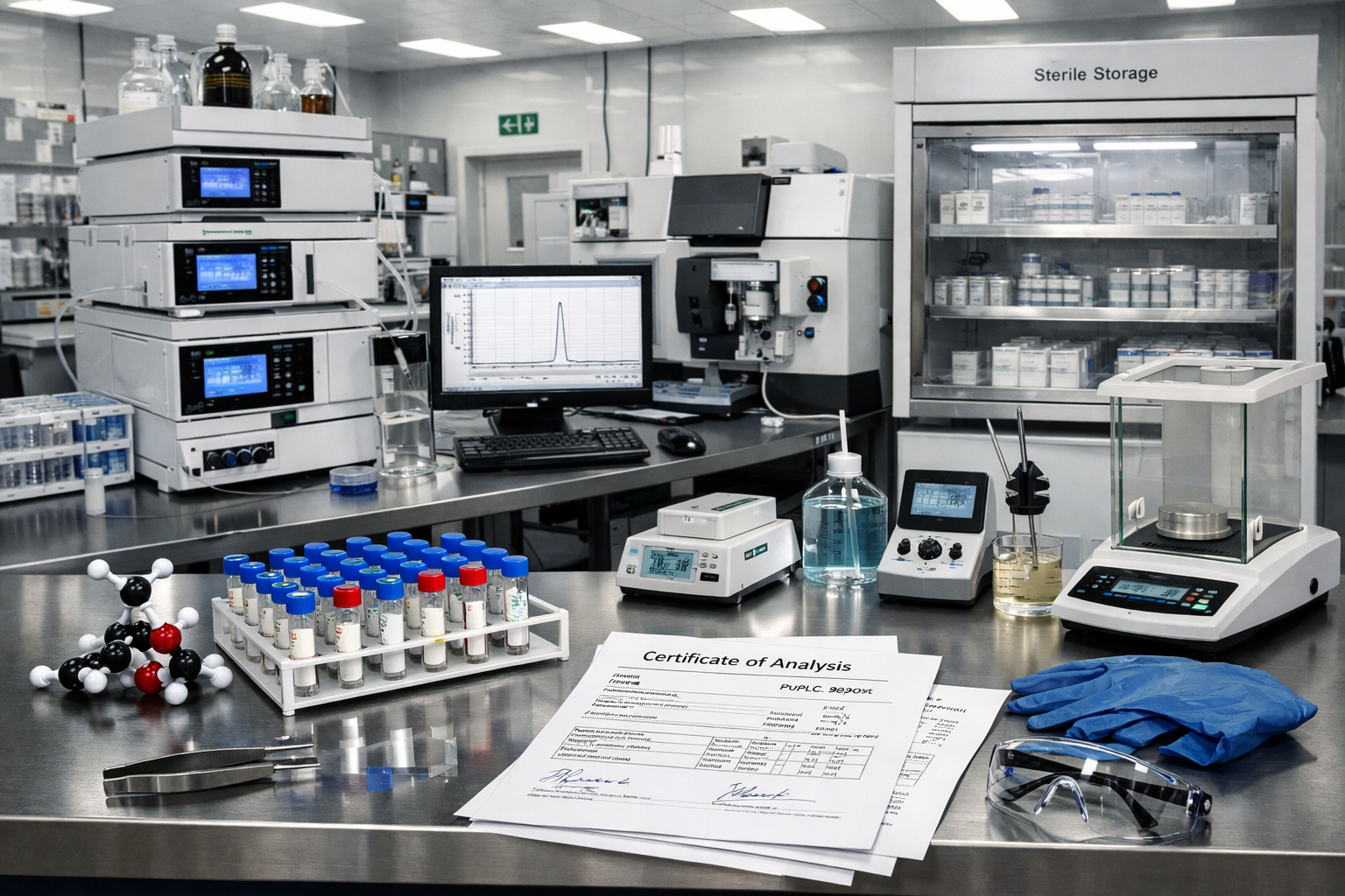 Professional peptide research facility showing quality control testing equipment, HPLC analysis machines, purity testing apparatus, vials of