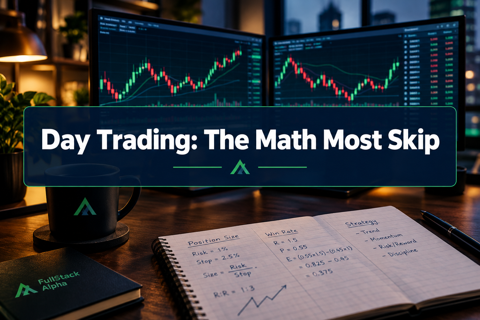 Professional () hero image with (≤42 chars): 'Day Trading: The Math Most Skip', crisp white on a deep navy semi-transparent