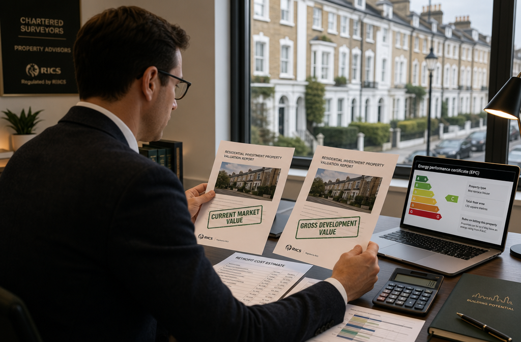 () editorial photograph-style scene of a professional UK chartered surveyor sitting at a modern desk reviewing two property