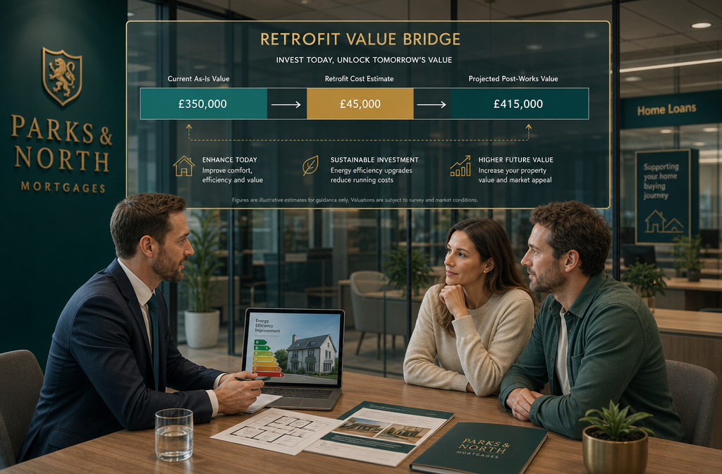 () concept illustration showing a UK mortgage lender and a homebuyer seated across a table from a surveyor, with a large