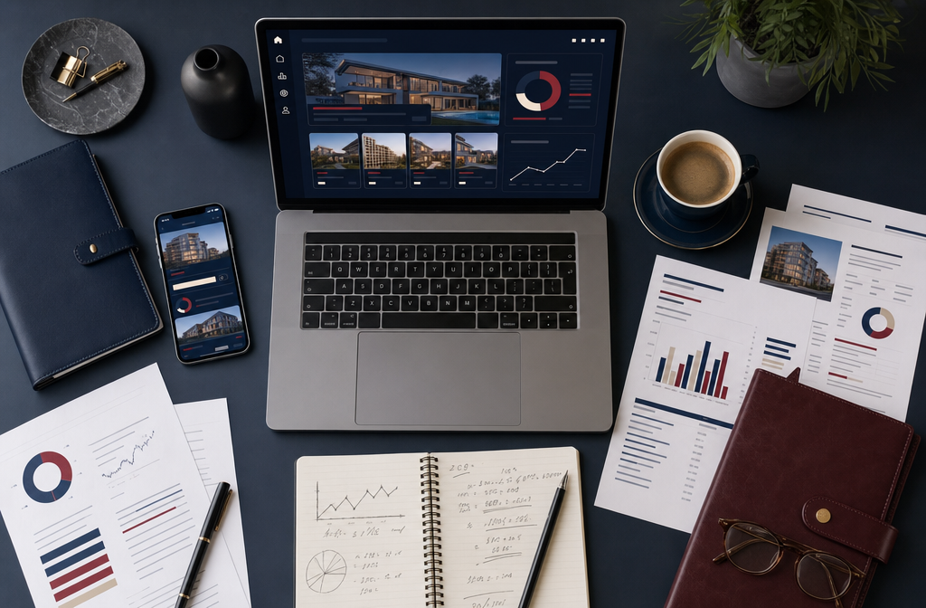 Wide-angle flat-lay editorial shot of a modern investor's desk from above: a laptop showing a blockchain real estate