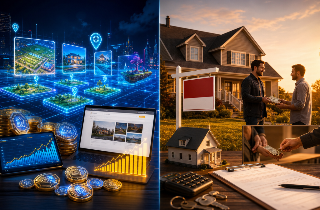 Dynamic split-screen infographic-style illustration showing two contrasting investment paths: left panel depicts a glowing