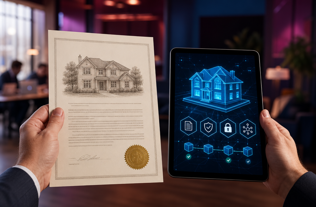 Close-up editorial photograph of two hands &mdash; one holding a physical property deed, one holding a glowing tablet displaying a