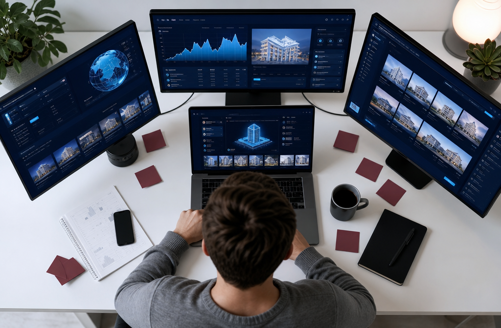 Overhead editorial shot of a beginner investor sitting at a minimalist white desk, looking at multiple screens showing