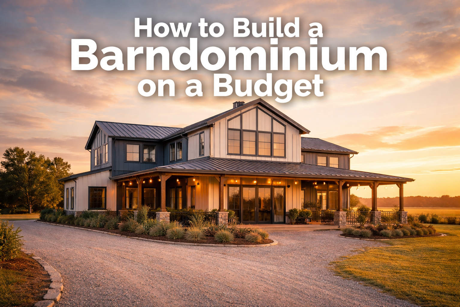 Professional () hero image with : 'How to Build a Barndominium on a Budget' in extra large white with dark drop , centered