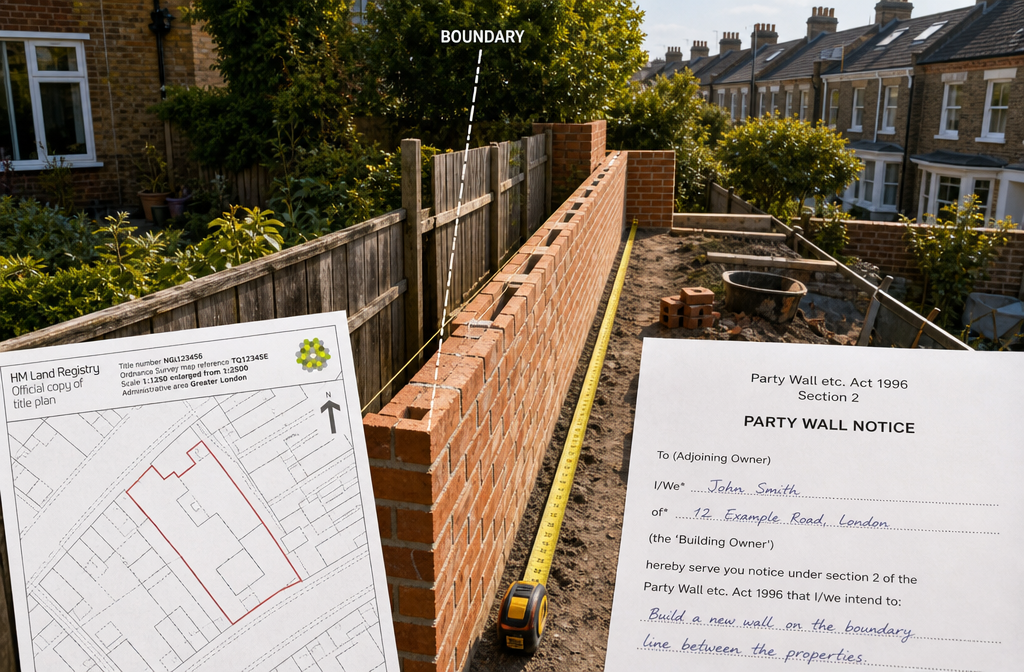 Aerial close-up illustration of a UK residential property boundary line showing a wooden garden fence being replaced by a