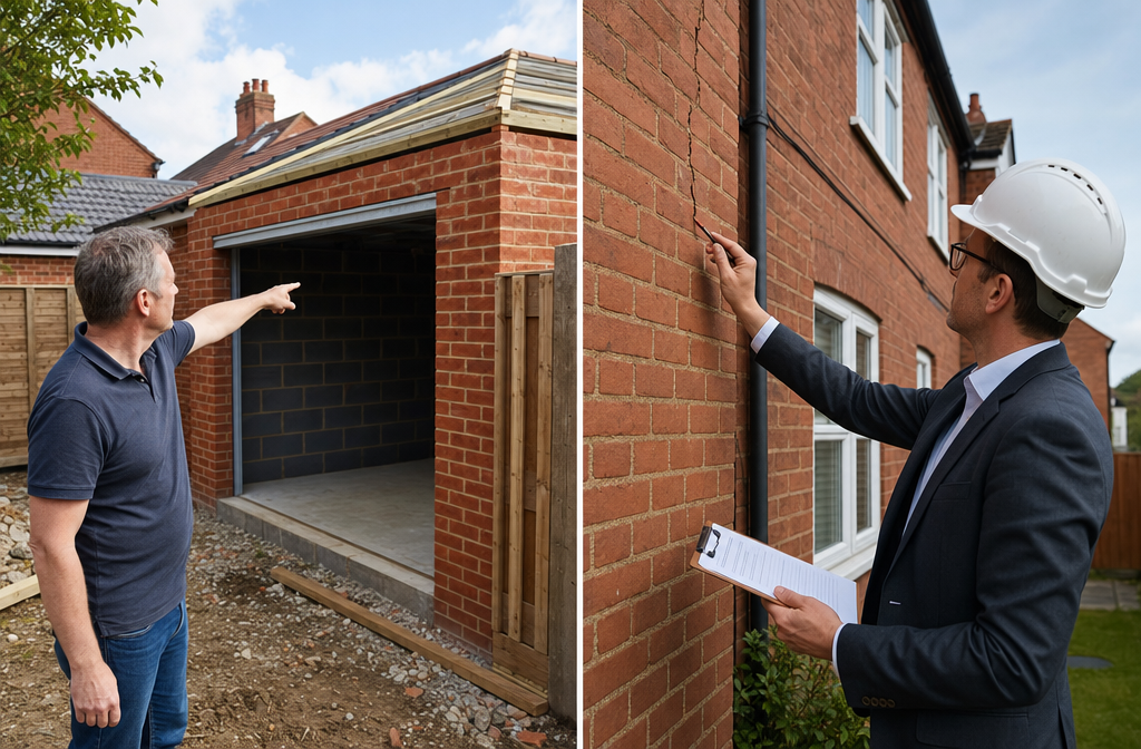 Split-scene () showing on the left a homeowner pointing at a garage being built flush against a boundary fence, and on the