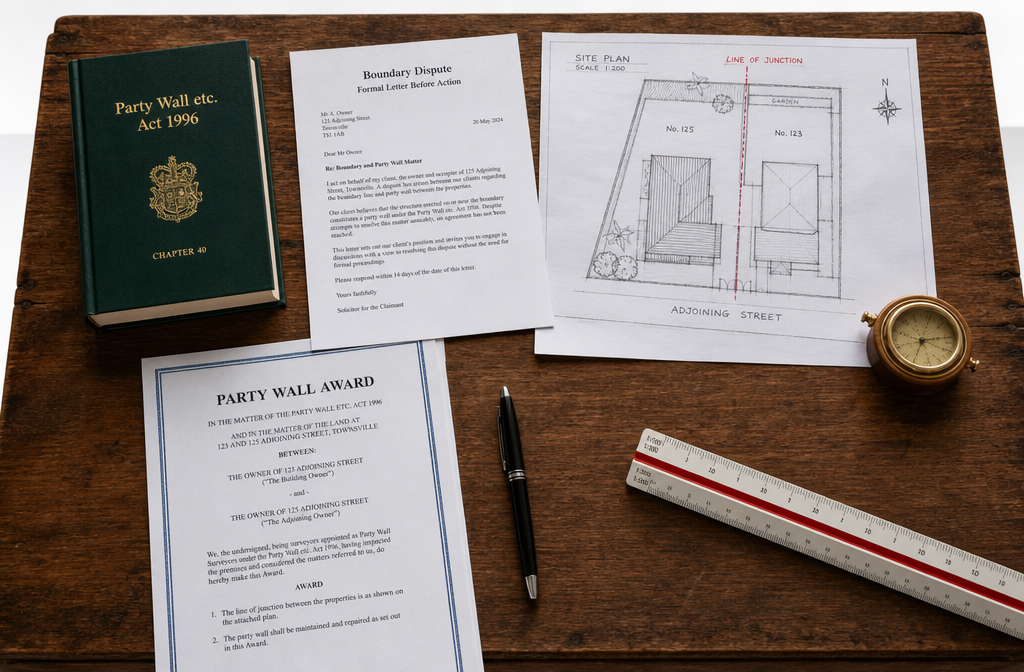 Flat-lay editorial photograph () of a wooden desk showing the Party Wall etc. Act 1996 document, a boundary dispute letter,
