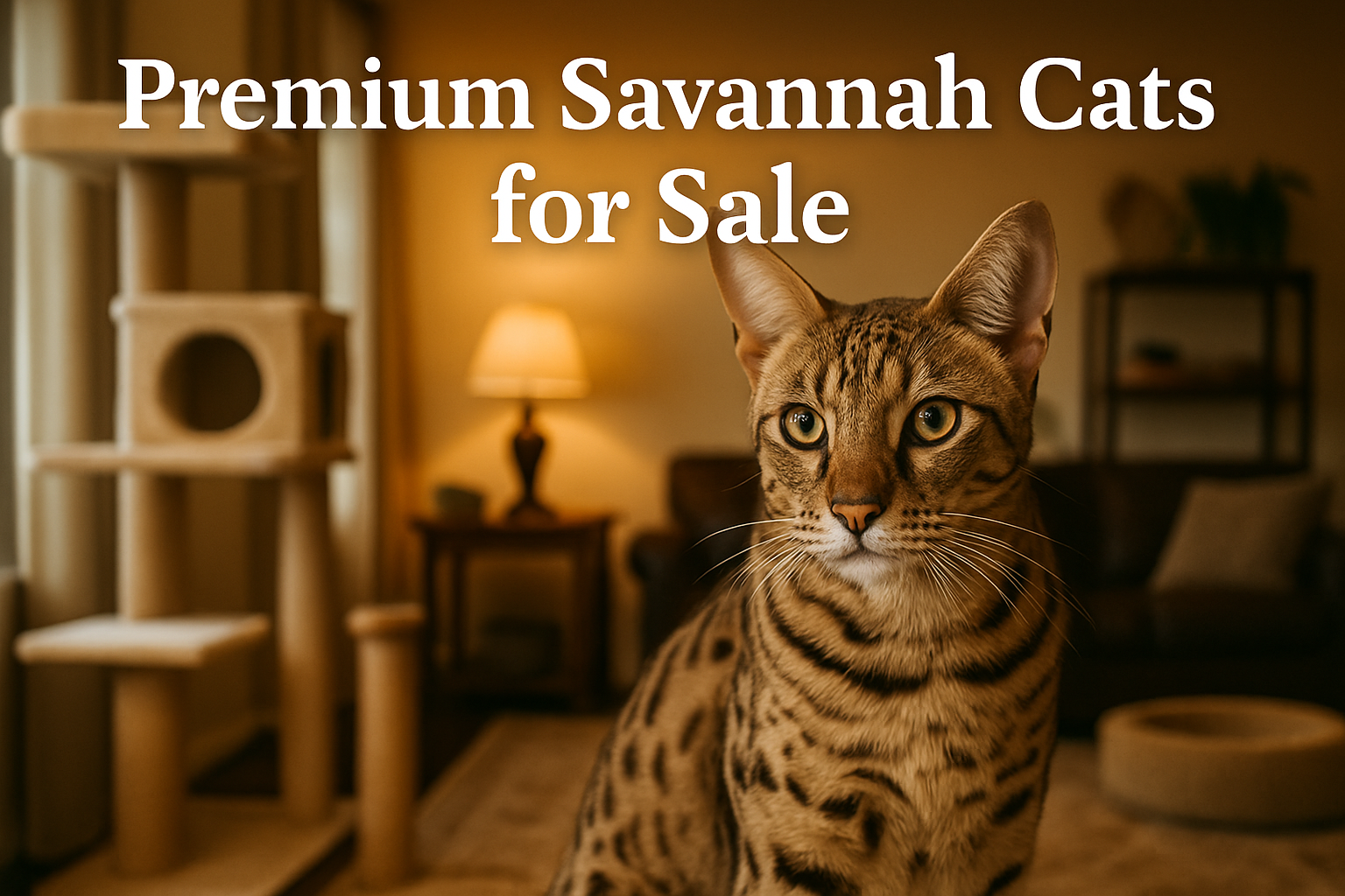 Professional landscape hero image (1536x1024) featuring elegant Savannah cat with distinctive spotted coat and large ears in foreground, wit