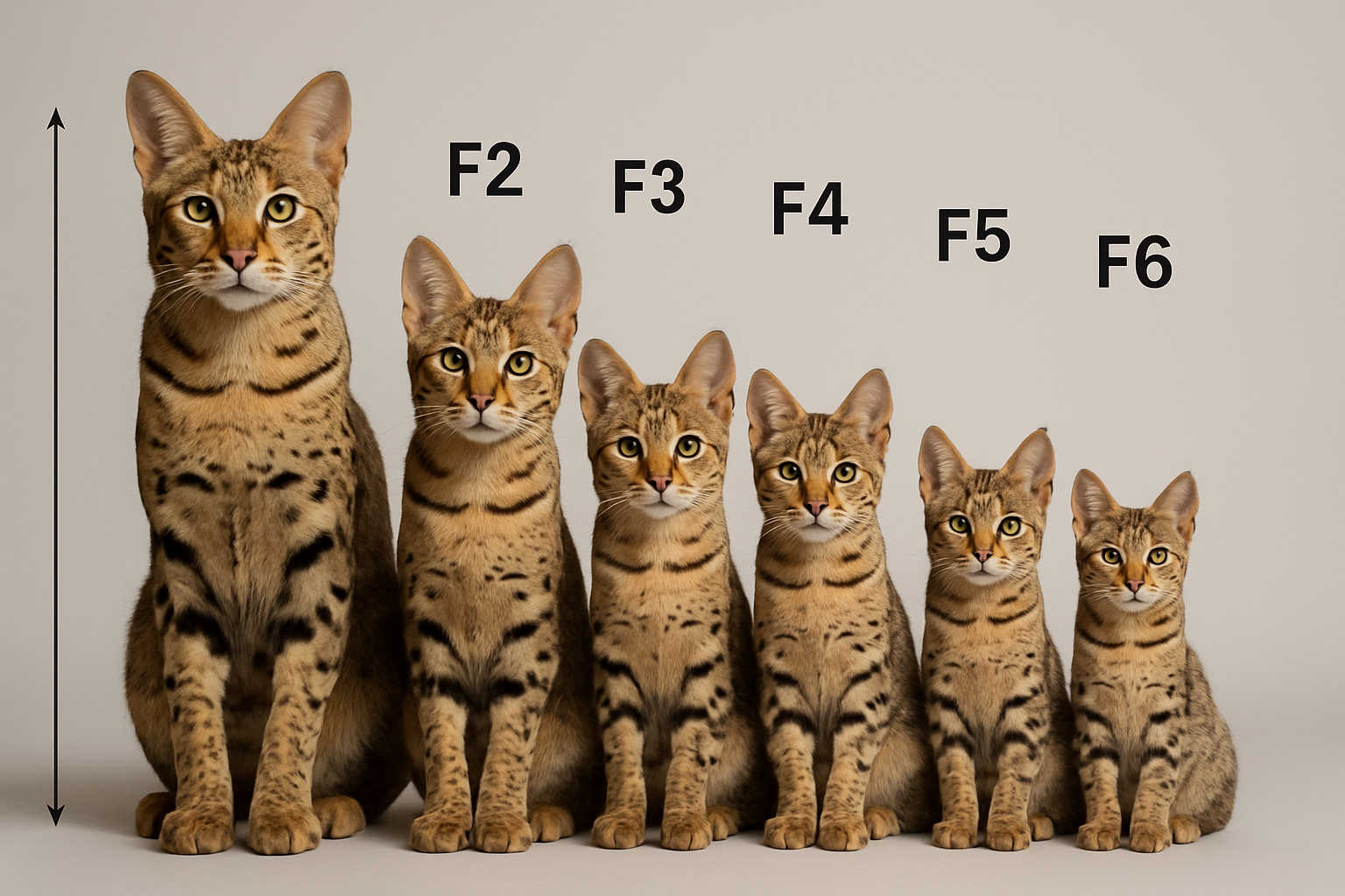 High-quality image showing different generations of Savannah cats (F1, F2, F3, F4, F5, F6) arranged in size comparison with clear generation