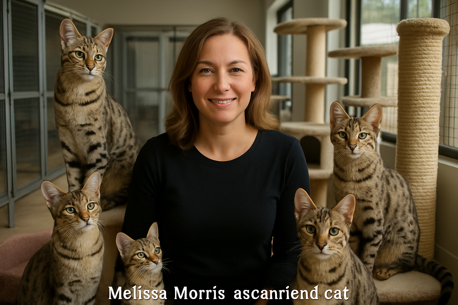 Professional portrait of experienced Savannah cat breeder Melissa Morris in modern cattery facility, surrounded by beautiful Savannah cats o