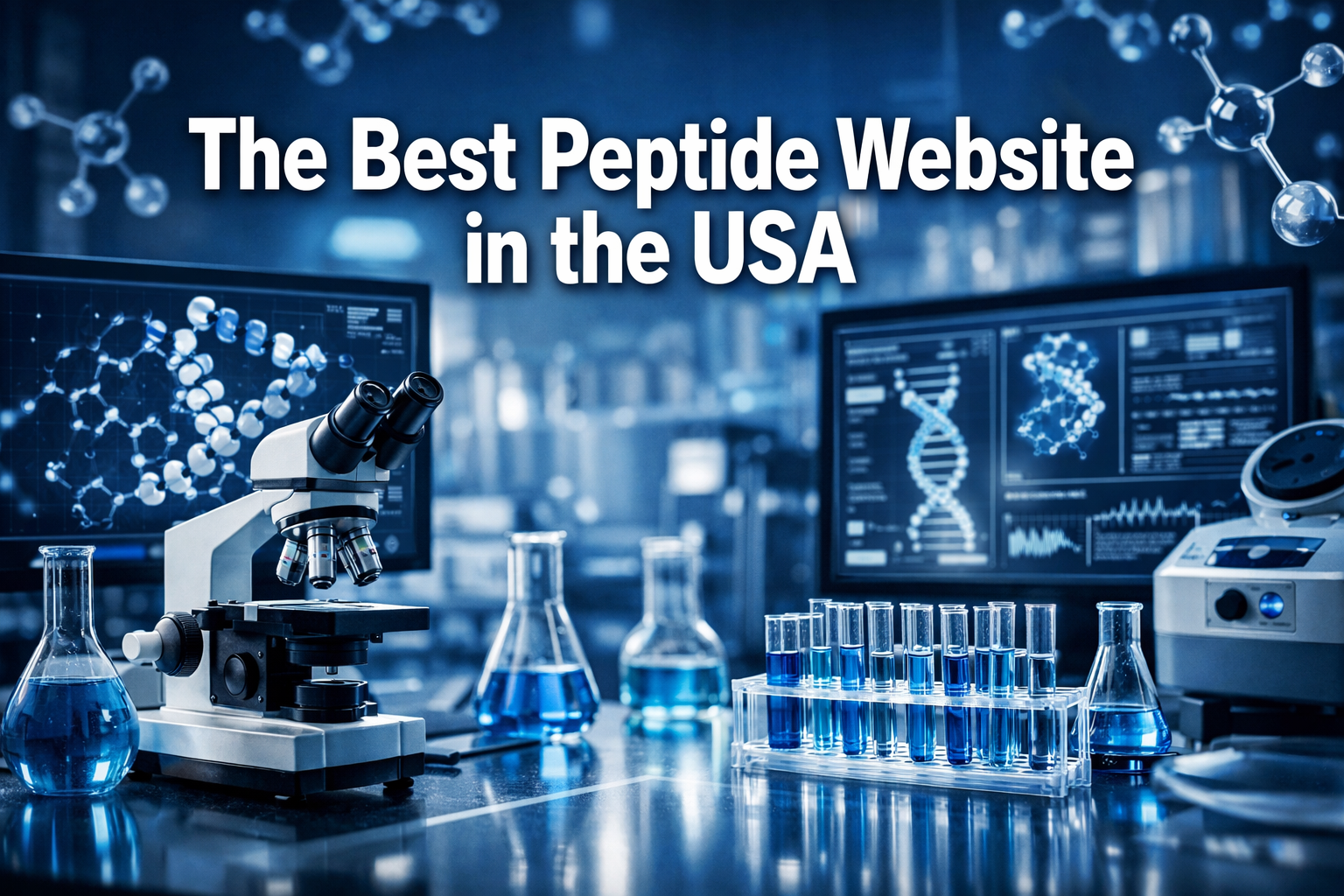 Professional landscape hero image (1536x1024) featuring bold text overlay 'The Best Peptide Website in the USA' in extra large 72pt white sa
