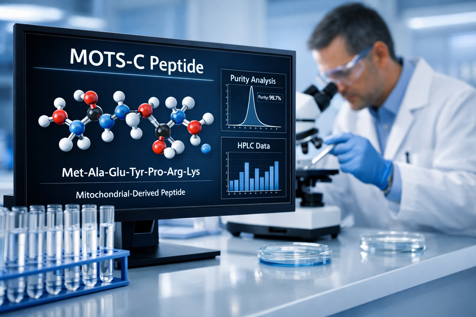 Laboratory research scene showing MOTS-C peptide molecular structure on digital display with scientist in background conducting research, te