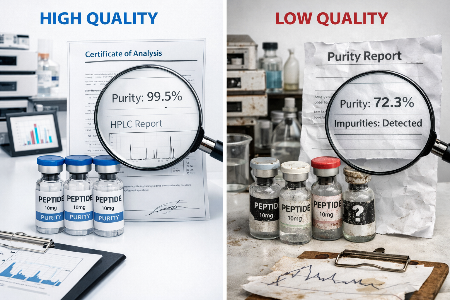 Split-screen comparison showing high-quality peptide vials with purity certificates on one side and lower quality alternatives on other side
