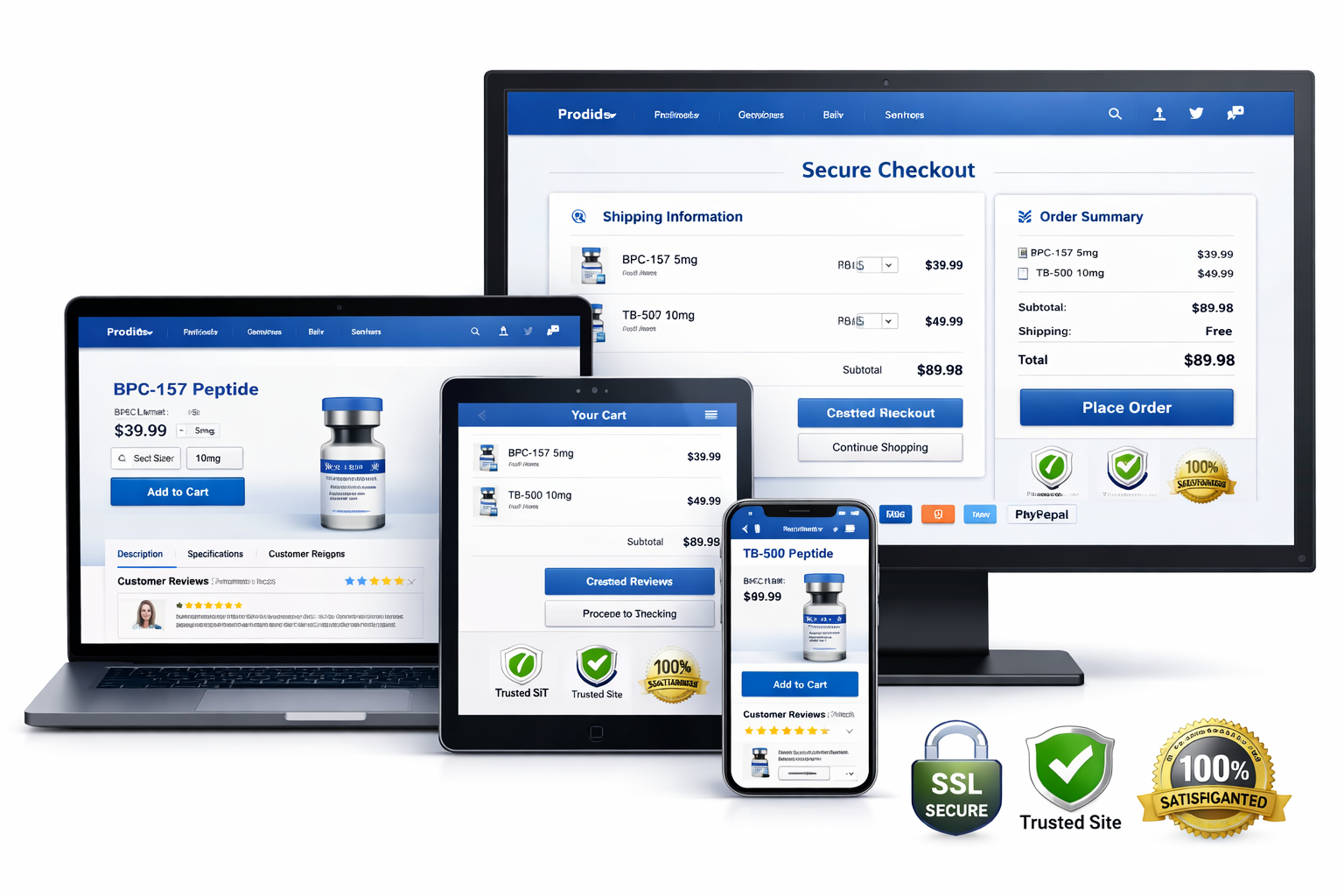 Modern e-commerce website interface on multiple devices showing peptide product pages, shopping cart, secure checkout process, SSL certifica
