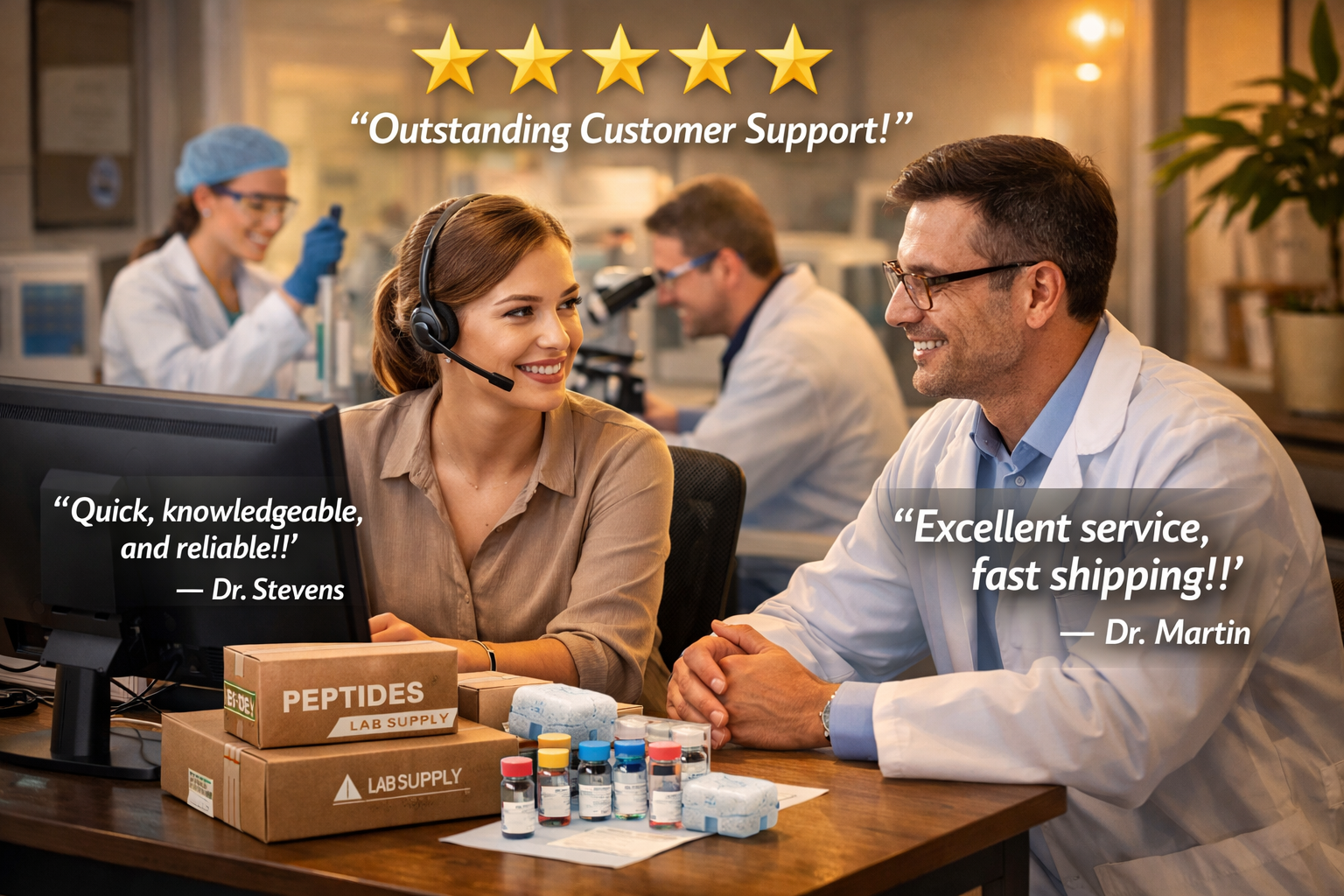 Customer service representative at computer helping researcher, satisfied customers in laboratory settings, five-star review graphics, testi
