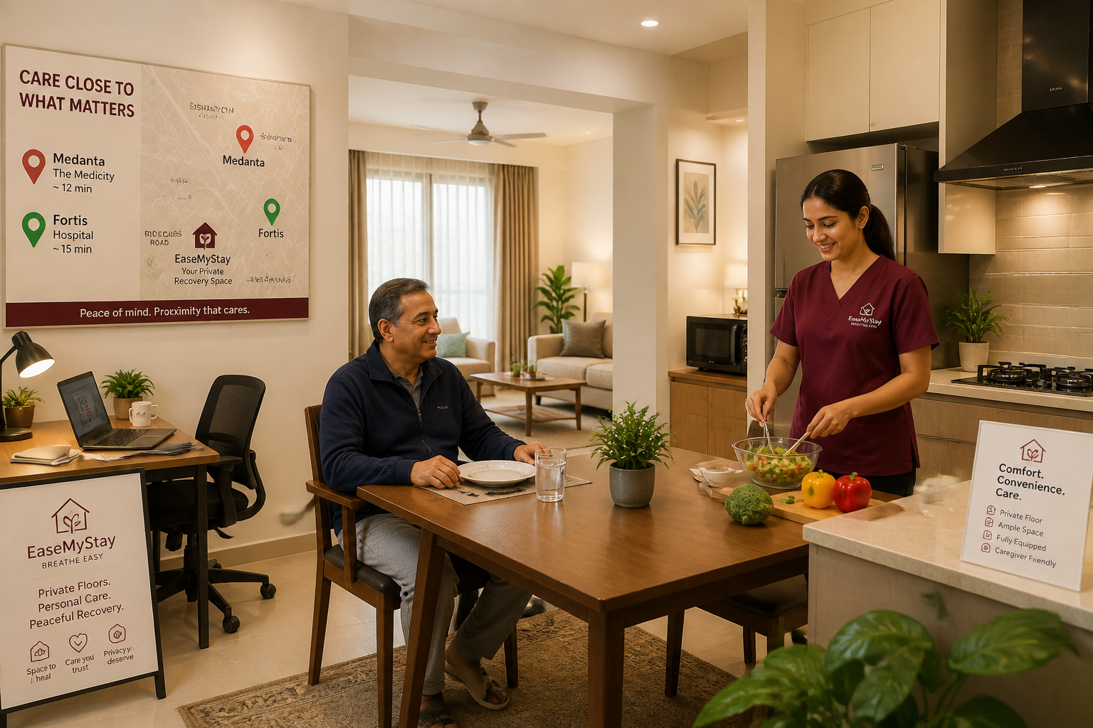 () image illustrating a caregiver assisting a patient in a comfortable, bright Airbnb kitchen/dining area, emphasizing
