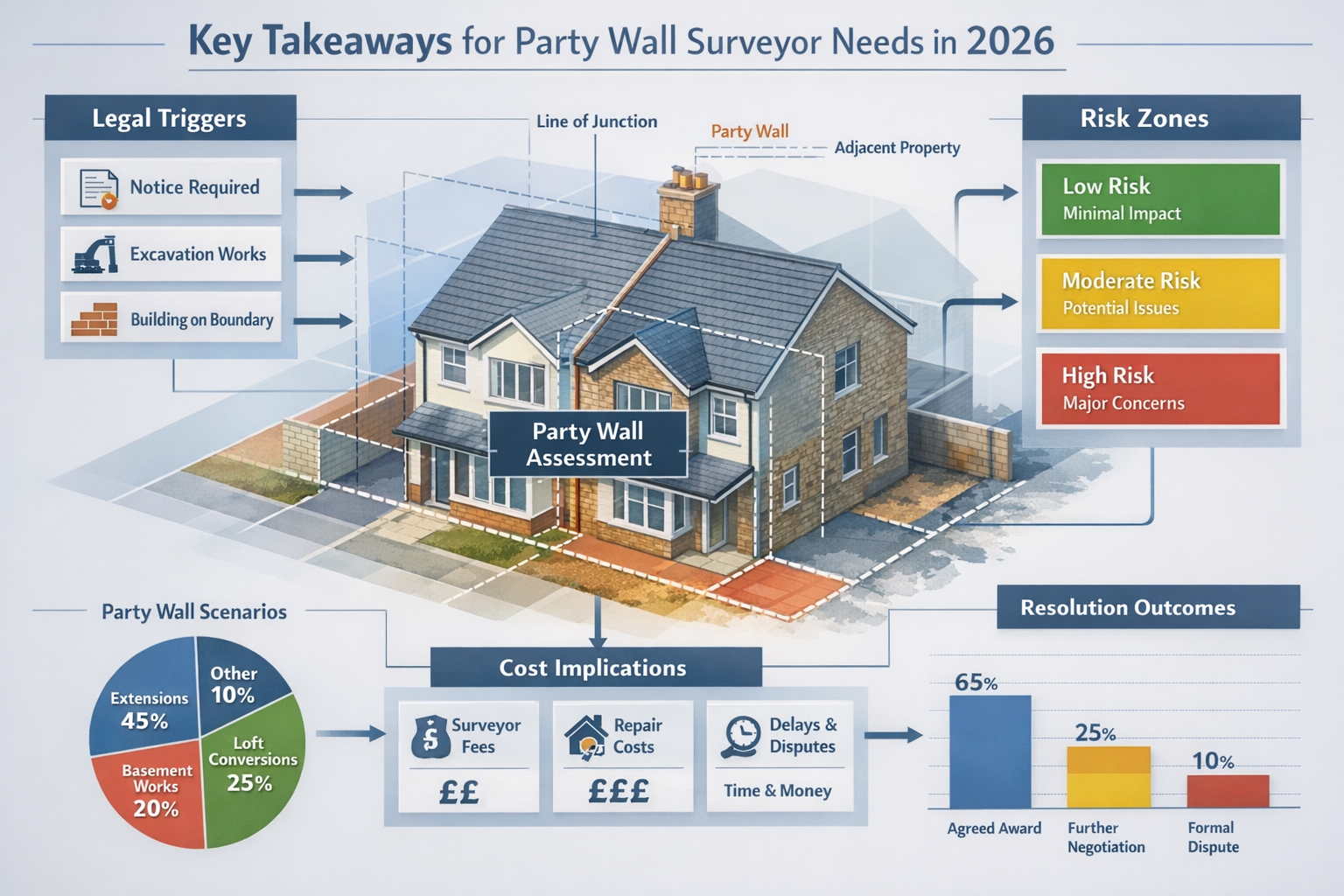 Comprehensive infographic visualizing 'Key Takeaways' for party wall surveyor needs in 2026, featuring a multi-layered