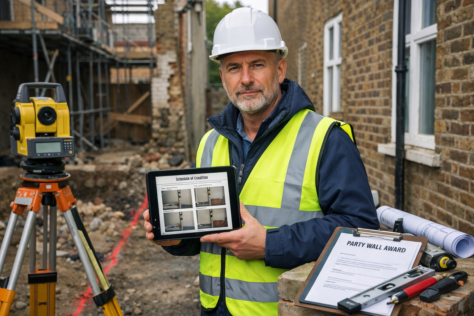 () professional photograph of experienced party wall surveyor in high-visibility vest conducting property inspection at