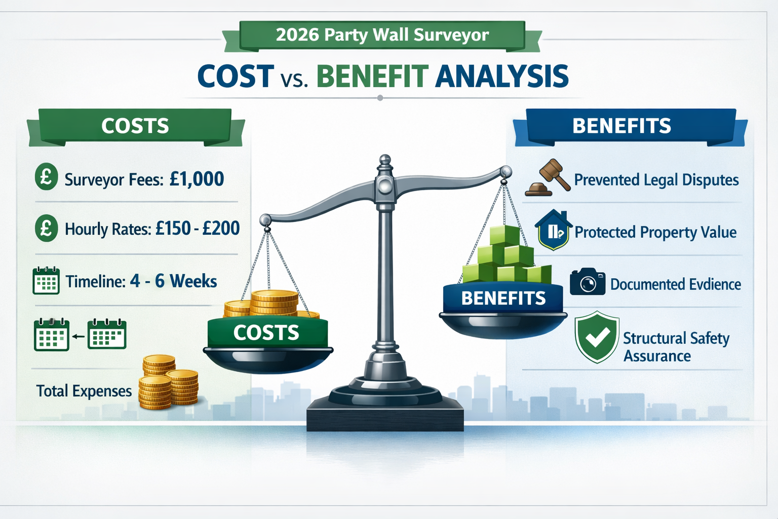 Detailed () infographic-style illustration showing cost-benefit analysis comparison chart for 2026 party wall surveyor