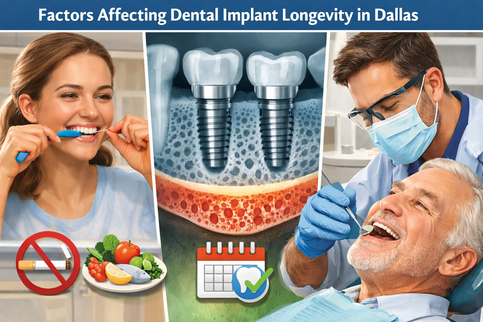 Detailed () image for the 'Factors Affecting Dental Implant Longevity in Dallas' section, showing a split-screen or