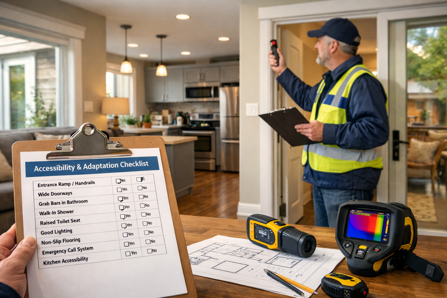 Detailed () image showing professional surveyor conducting building inspection inside spacious multi-generational home,