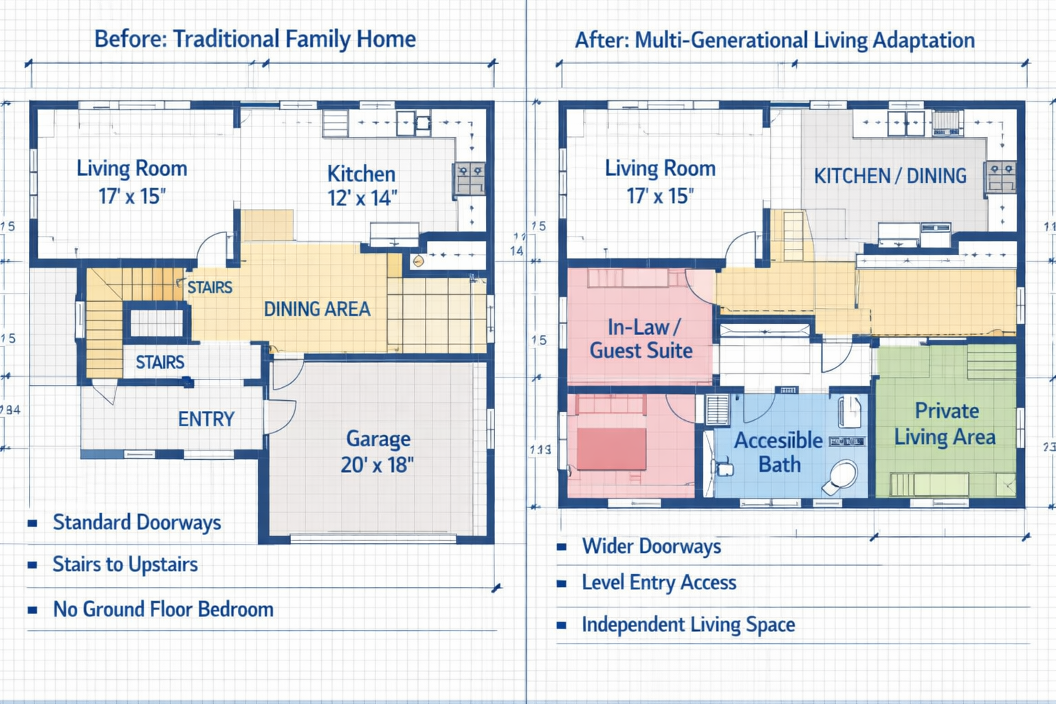 () split-screen composition showing before-and-after property adaptation scenarios for multi-generational living, left side