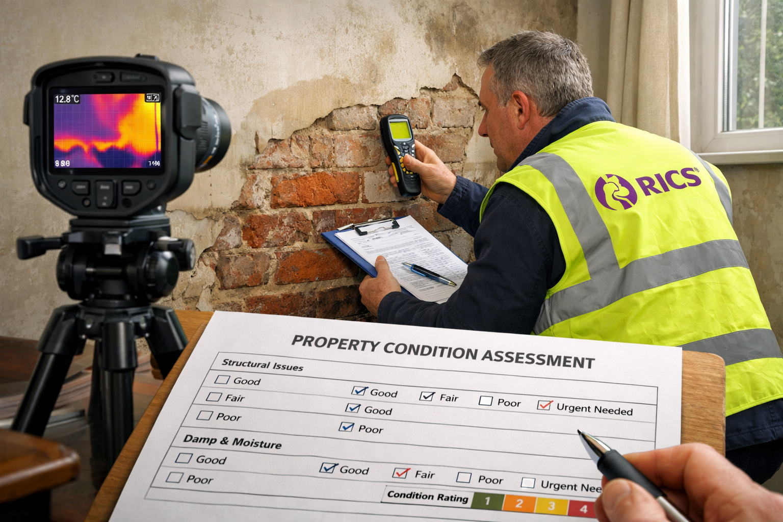 () editorial image showing professional RICS chartered surveyor conducting detailed property inspection inside UK home,