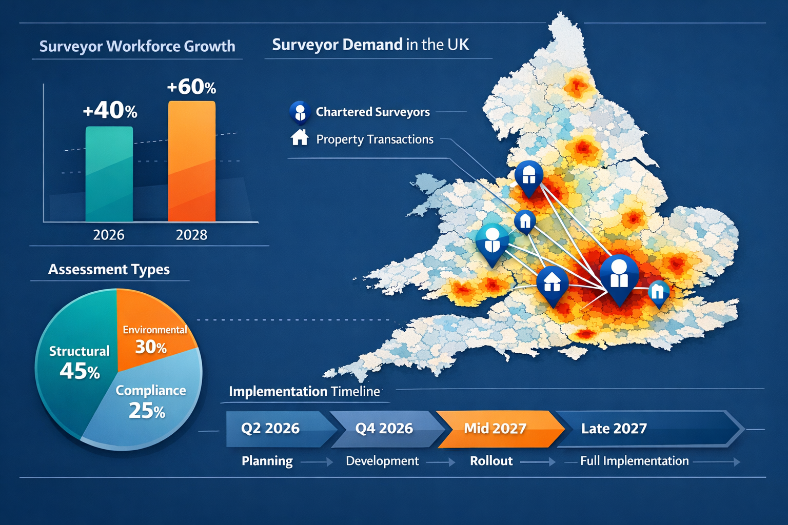 () infographic-style visualization showing UK map with heat map indicating surveyor demand density across regions,