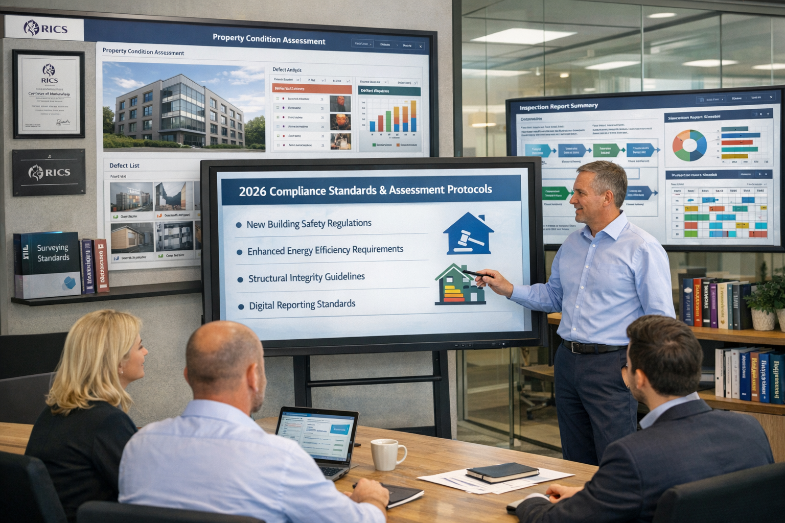 () modern surveying practice office environment showing digital transformation: large wall-mounted monitors displaying